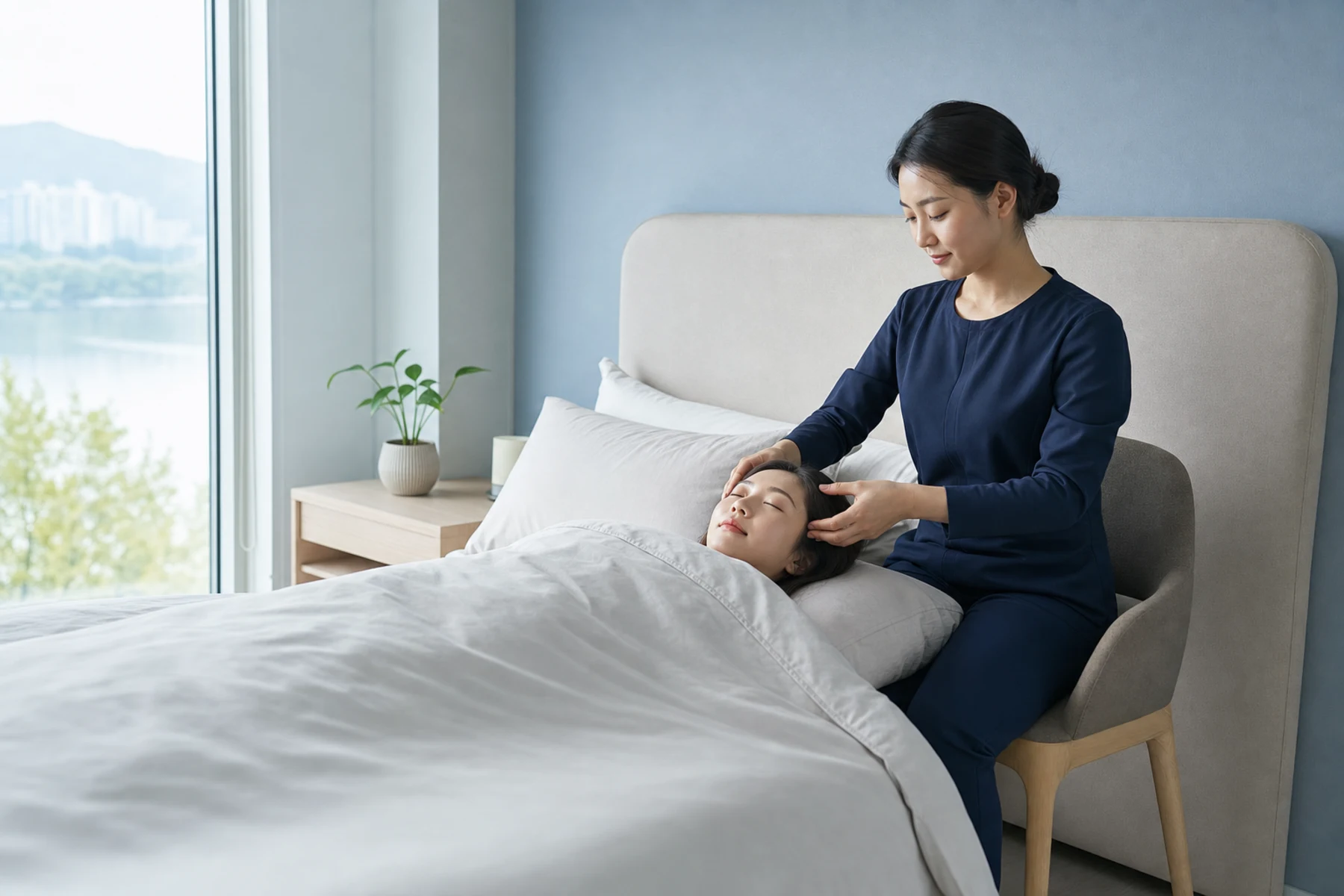 의왕테라피의 전문복 차림 20대 한국인 성인 여성 마사지사가 침대 위에서 완전히 덮인 성인 여성 고객의 어깨를 관리하는 비선정적 장면